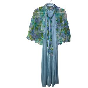 Vintage 70s Blue Floral Maxi Dress and Sheer Jacket Set Mock Neck Retro Boho